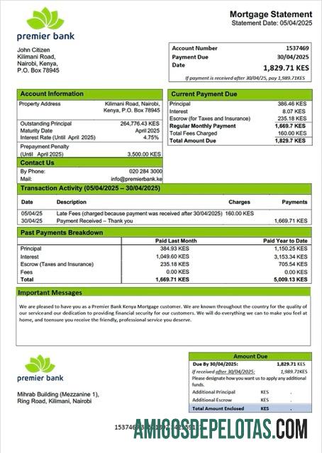 imprimível Modelo Word e PDF de declaração de hipoteca do Kenya Premier Bank do Quênia